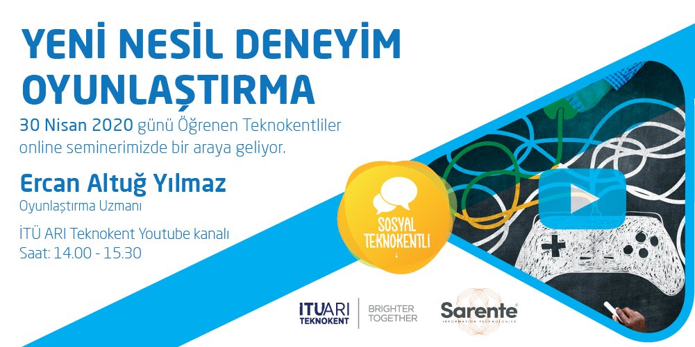 Oyunlaştırma Uzmanı Ercan Altuğ Yılmaz'ın sunumuyla "Yeni Nesil Deneyim: Oyunlaştırma" online semineri İTÜ ARI Teknokent Youtube kanalında! <a href="/ercanaltug/">Ercan Altuğ Yılmaz 𝕏 🇹🇷</a> Detaylı bilgi için: bit.ly/34DrQZW