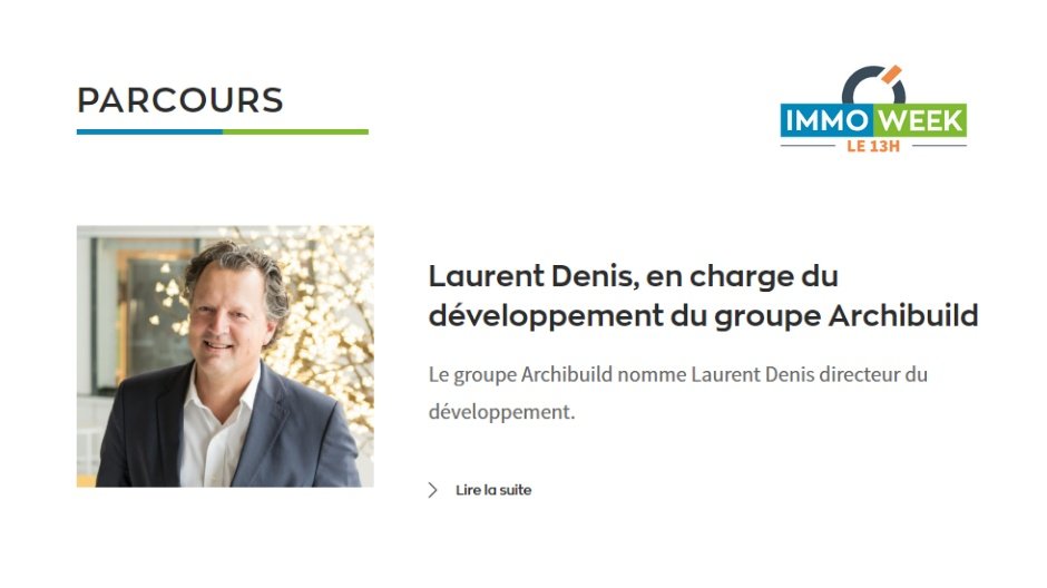 [Vu dans le #13h de l'#immobilier 21/04 <a href="/Immoweek/">Immoweek</a>]
Reprise de la nomination de Laurent Denis en tant que Directeur du Développement chez <a href="/archibuildgpe/">ARCHIBUILD</a>
bit.ly/3aAemQ0