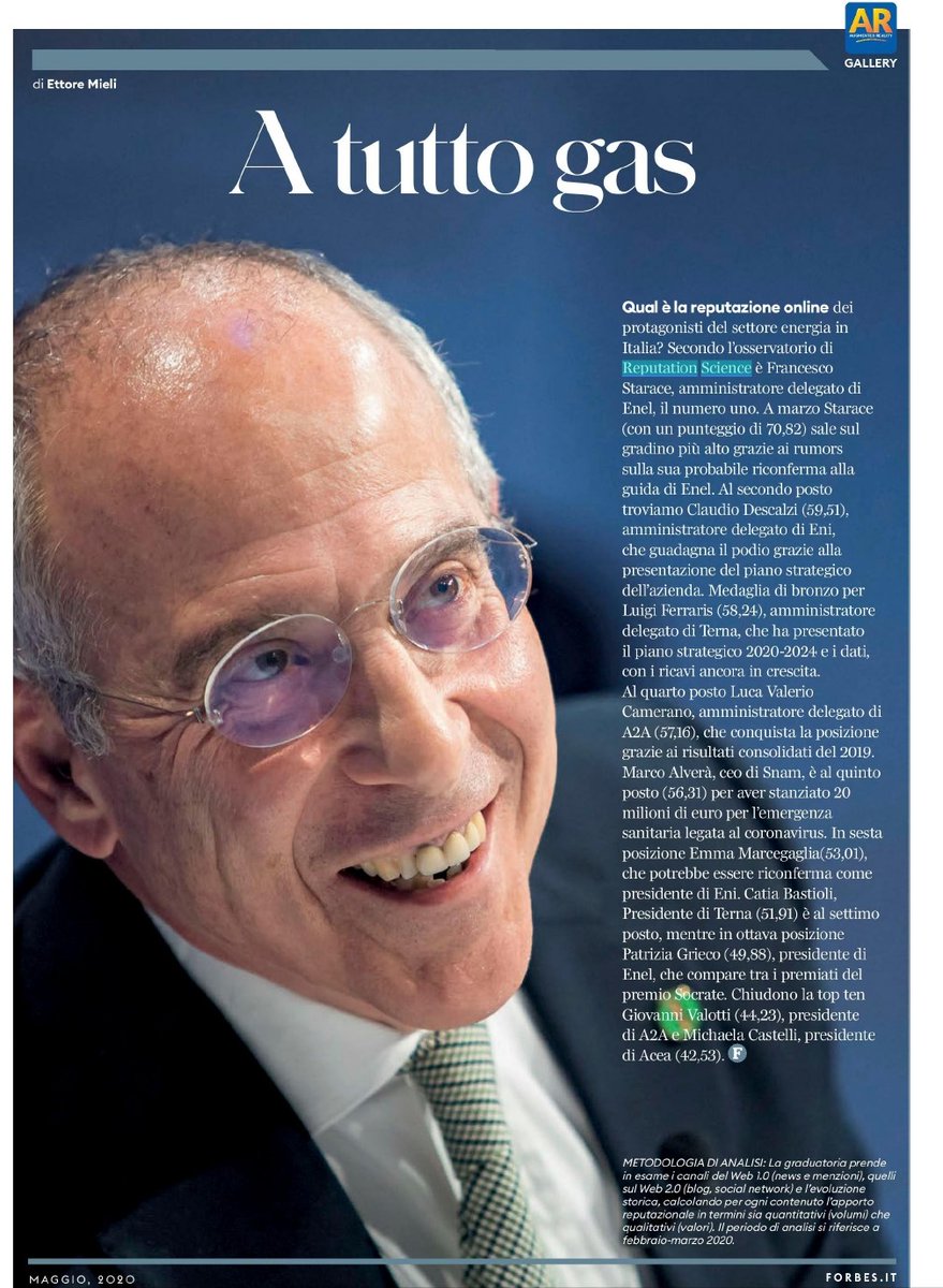 Rep_Science's tweet image. 🗞️Su @ForbesItalia la nostra classifica dei top manager del settore #energia con la migliore #webreputation a marzo.

Al top @starax Ad di @EnelGroupIT, seguito da #Descalzi di @Eni e #Ferraris di @TernaSpA.