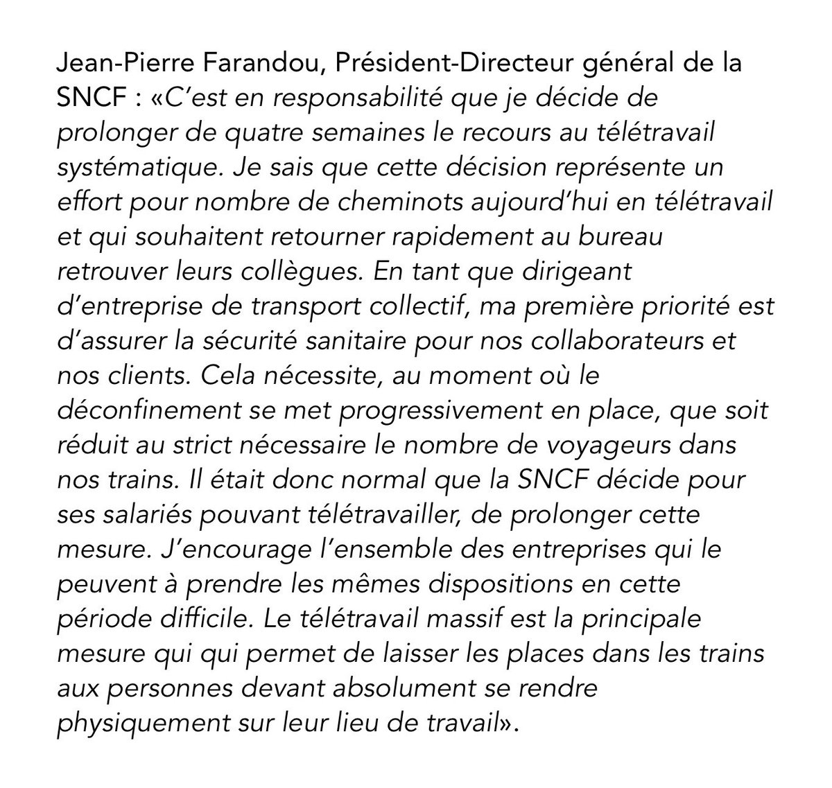 J'ai décidé de prolonger de 4 semaines le recours au télétravail systématique pr les cheminots pouvant travailler à distance. J’encourage l’ensemble des entreprises qui le peuvent à prendre les mêmes dispositions en cette période difficile
#TousMobilisés🙏
lesinfos.sncf.com/articles/476891