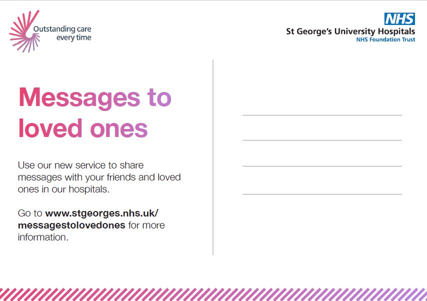geshNHS's tweet photo. If your loved one is a patient in our hospitals, you can send them a  message by filling in the online form and emailing it to messagestolovedones@stgeorges.nhs.uk. A member of staff will then print your message and deliver it. 💌 📮
 
Access the form: https://t.co/loVyjuKpxS https://t.co/4a9ZV68LDB
