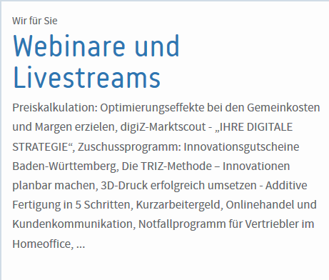 IHK_OWUE's tweet photo. Hier geht es zu den nächsten #Webinars und #Livestream
die #WirfürSie & die #Wirtschaft in #Ostwürttemberg bieten. Viel dabei
#Preiskalkulation
digiZ-#Marktscout
#Innovations Gutscheine
#TRIZ-Methode
#3Dprinting
Modern #workplace
Sprechtag #ecommerce
https://t.co/18C2JcQRpN https://t.co/a9UOdB9Vxc