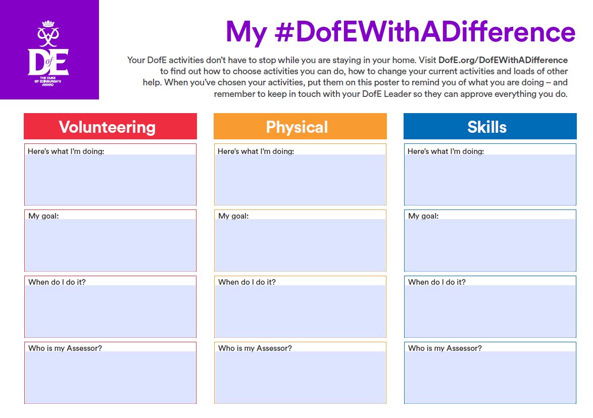 If you're struggling to get into a routine (I know every day feels very much the same at the moment) with your #DofEwithadifference try designing your own poster of your activities or use this example for your bedroom wall to keep you motivated.
