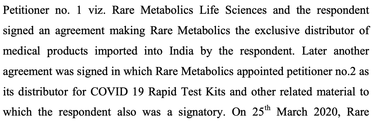 Then Vijayabaskar says, (1) Aark Pharmaceuticals, (2) Shan Biotech & (3) Rare Metabolics were appointed as dealers to distribute the Wondfo kits.This is a lie.  As per Delhi HC verdict, Matrix Labs, the importer appointed Rare Metabolics as its exclusive dealer. 4/n