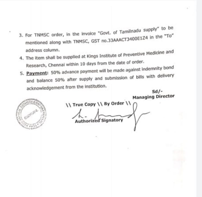 Vijayabaskar too claims there is no loss. However, TN govt has paid 50% of the cost as advance against an indemnity bond.  Why Vijayabaskar who claims to follow ICMR to letter and spirit for all his actions failed to follow ICMR and withhold payment but paid 50% advance 12/n