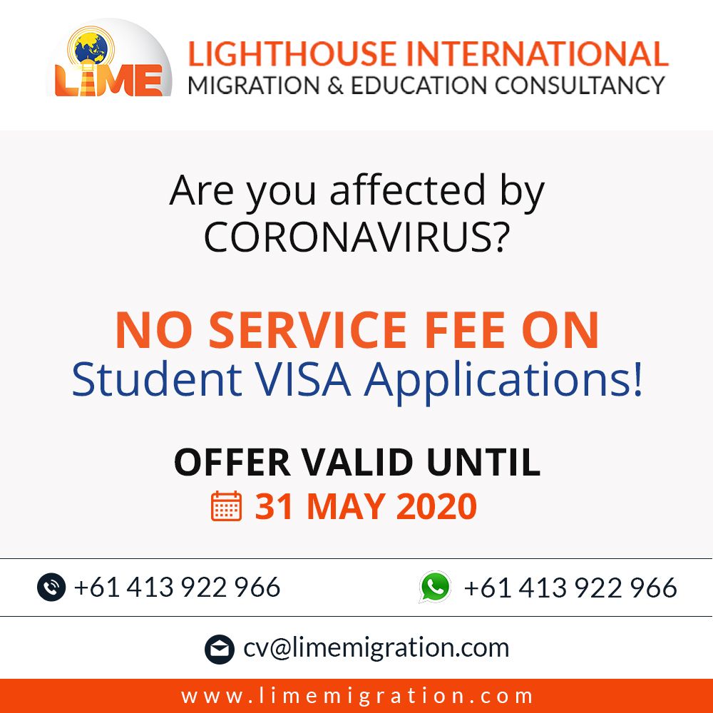LimeMigration's tweet photo. Are you affected by Coronavirus? No service fee on student visa applications!
Contact us know for more information
Phone - 0413 922 966
Email - cv@limemigration.com
https://t.co/xkGq3Wb7GK
.
#corona #coronaprevention #staysafe #stayhealthy #coronavirus 
#lime #visa #immigration https://t.co/NSgDjXX404