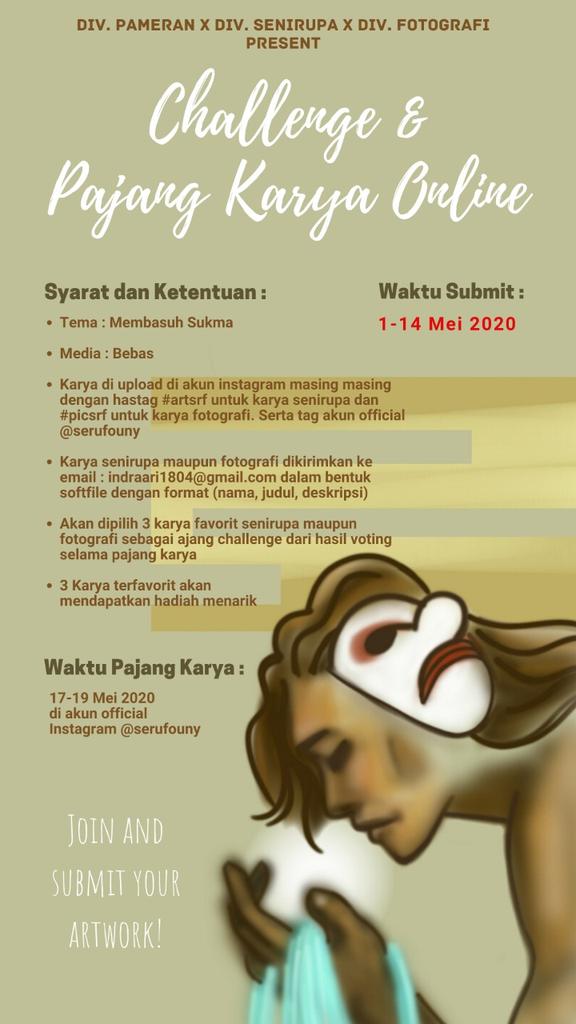 SeniRupa & Fotografi (@serufouny) on Twitter photo Untuk mengisi waktu teman-teman agar tetap produktif di tengah pandemi covid-19 ini, yuk submit karya senirupa maupun fotografi, ada hadiah menariknya looh😁
♦Pajang karya online akan dilaksanakan tanggal 17-18-19 Mei di akun official Instagram <a href="/serufouny/">SeniRupa & Fotografi</a> ♦ Untuk mengisi waktu teman-teman agar tetap produktif di tengah pandemi covid-19 ini, yuk submit karya senirupa maupun fotografi, ada hadiah menariknya looh😁
♦Pajang karya online akan dilaksanakan tanggal 17-18-19 Mei di akun official Instagram <a href="/serufouny/">SeniRupa & Fotografi</a> ♦