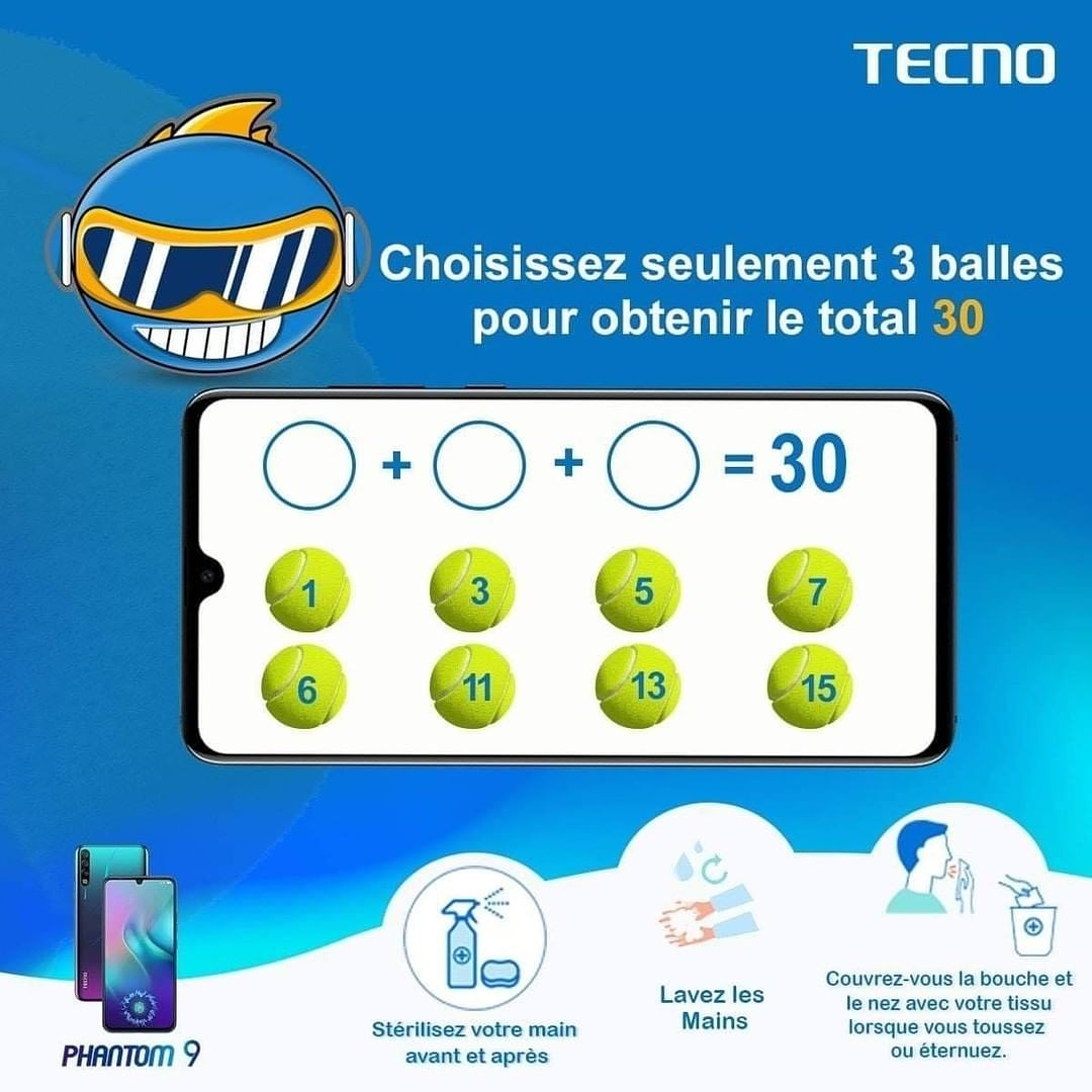 TecnoMobileNE's tweet photo. Bonjour la famille, 🤔euh quelqu'un pour m'aider ? Matin là je suis bloqué sur petit calcul 🧐😤
Trouvons le total de 30 en choisissant uniquement 3 balles !
Souvenez-vous de respecter les gestes barrières contre le #Covid19
#TecnoNiger #Phantom9 https://t.co/WASLgdhaSi