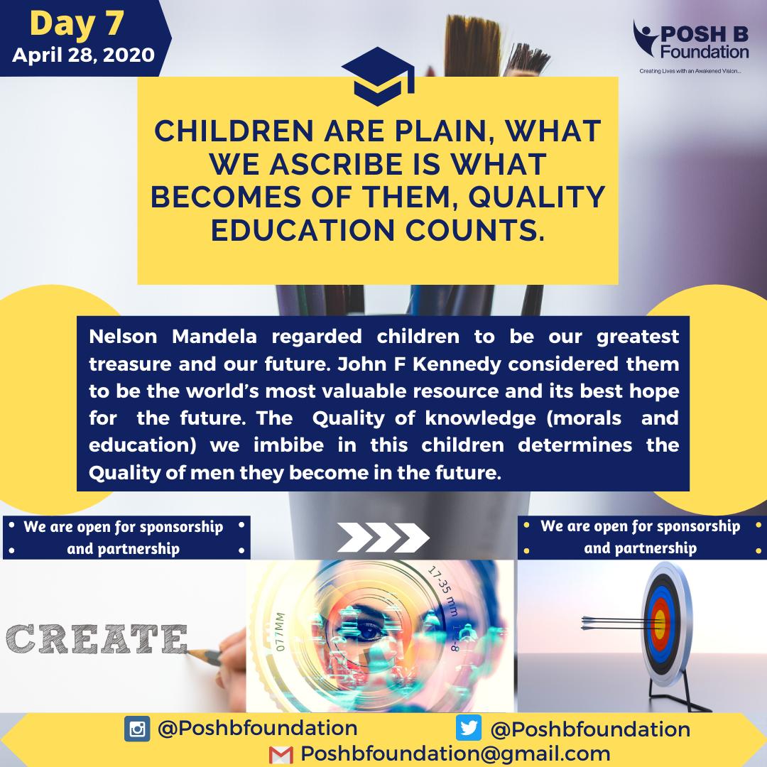 hon_ags's tweet photo. Day 7

#Helpachildinneed #Helpachildgrow #QualityEducation #Educateachild 
#Children 
#Poshbfoundation

@Poshbfoundation
Give Education to a Child today and you have helped in building a foreseeable future!!! https://t.co/h3uqgzbELh