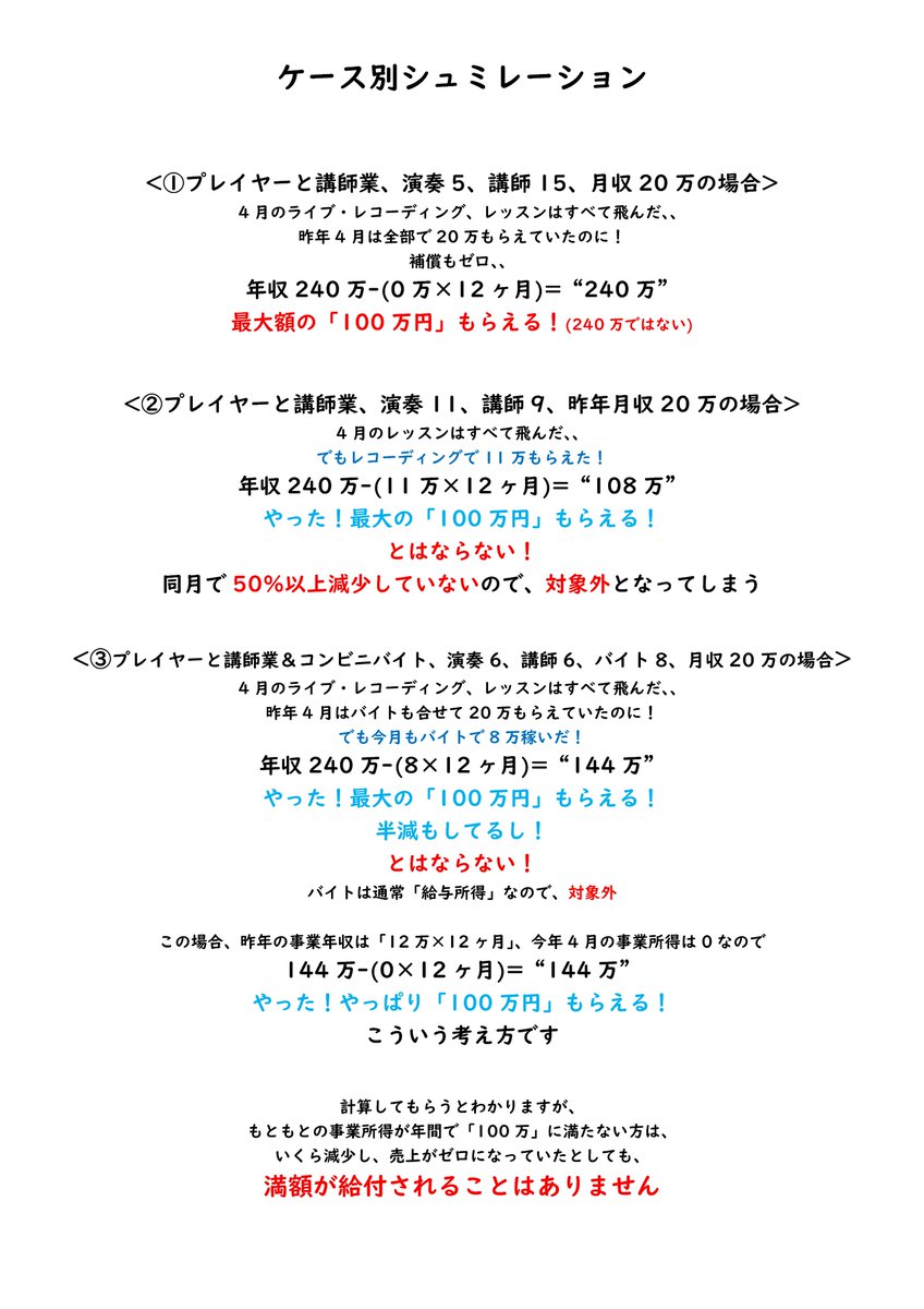 コロナ Vs 音楽教室 持続化給付金 について 音楽講師 演奏家 に特化したケース別シュミレーションを書いてみました 現時点 最大の支援策です 間もなく申請が始まります これまでご紹介した判定ツールや 動画などと併せてご活用ください 音楽