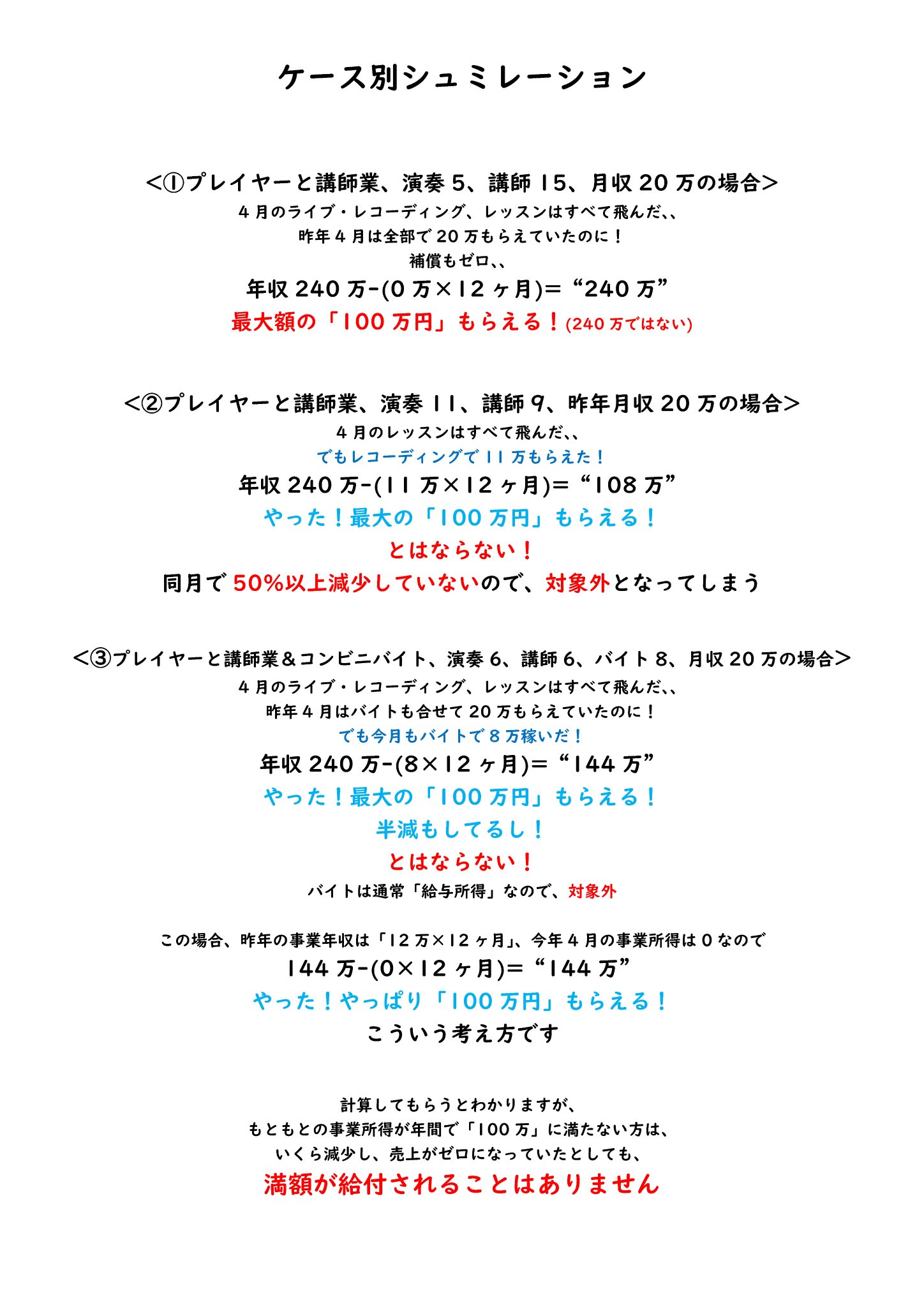 コロナ Vs 音楽教室 持続化給付金 について 音楽講師 演奏家 に特化したケース別シュミレーションを書いてみました 現時点 最大の支援策です 間もなく申請が始まります これまでご紹介した判定ツールや 動画などと併せてご活用ください 音楽