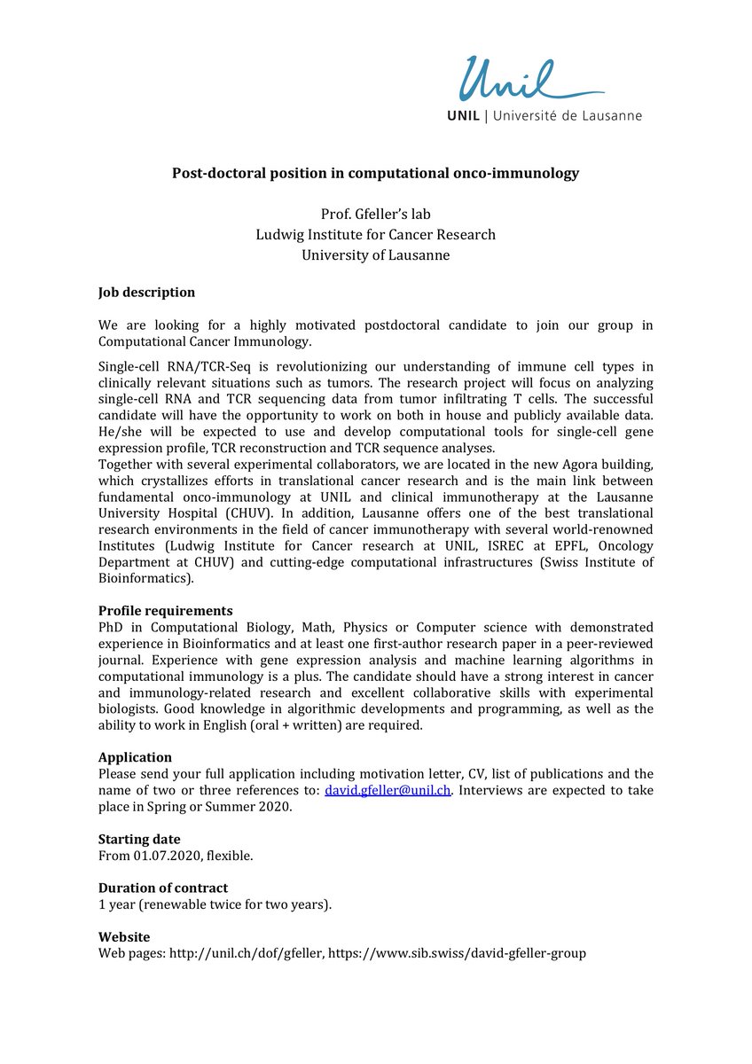 David Gfeller (@gfellerd) on Twitter photo Interested in applying your bioinformatics skills to cancer research? Consider joining my lab <a href="/unil/">Université de Lausanne</a> Lausanne as a post-doc. Details + contact in the attached document. Interested in applying your bioinformatics skills to cancer research? Consider joining my lab <a href="/unil/">Université de Lausanne</a> Lausanne as a post-doc. Details + contact in the attached document.