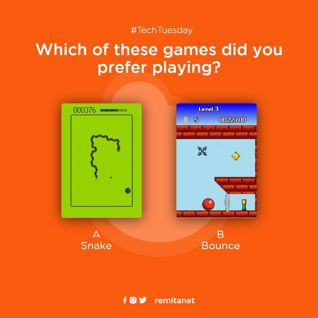 Remita on Twitter: "Let's flash back a bit. The history of mobile games  cannot be complete without these two games. Which of them did you prefer  playing in those days? #TuesdayMotivation #TechTuesday