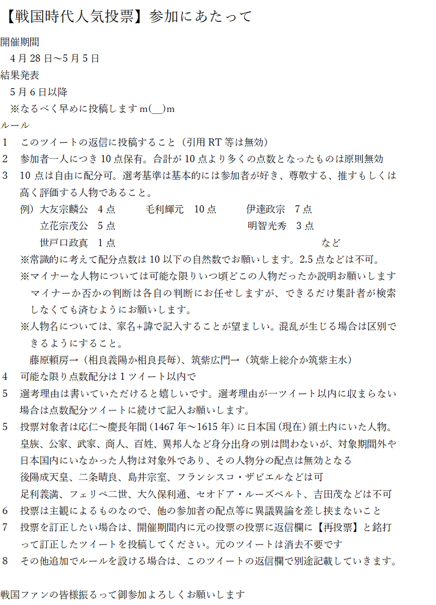 戦国時代人気投票 戦国ファンによるガチ投票 投票リプライまとめ Togetter