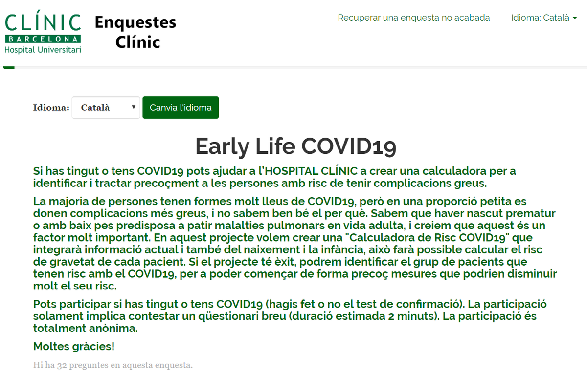 hospitalclinic's tweet photo. Investigadors del #CLÍNIC-@idibaps crearan una 'calculadora' per identificar les persones amb risc de complicacions greus amb la #COVID19. 

Si has tingut o tens la malaltia ens pots ajudar contestant aquesta breu enquesta 👉🏼 https://t.co/1xYsEMzp29

#RespostaCoronavirus https://t.co/JumNOxQBXt