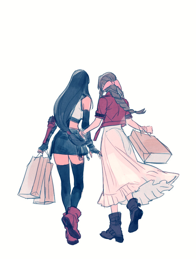 aerith gainsborough ,tifa lockhart multiple girls 2girls long hair shopping bag red jacket walking black hair  illustration images
