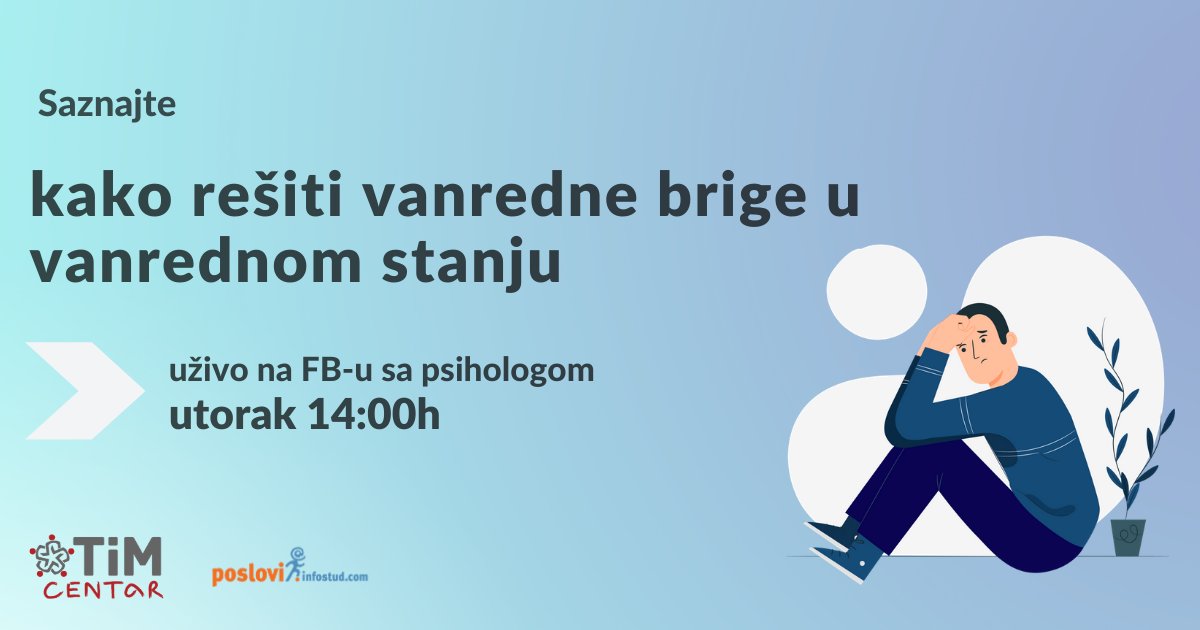 Danas u 14 časova ispratite naš live na fb stranici na temu: "Vandredno stanje, vanredne brige", govoriće psiholog iz Tim centra Danka Đukanović.
Čekamo vas ! :)
