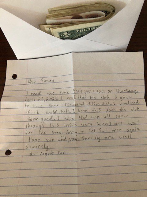 TheSportsman's tweet photo. This is beautiful! 🙌🏻

A young @Only1Argyle fan from New York offering his pocket money to help keep the club going. https://t.co/ga9Sb4lcnC