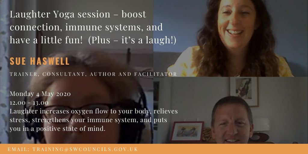 SWCouncils's tweet photo. Pure Laughter - just turn up and bring what ever attitude you have  - our unique Laughter Yoga session on Monday 4 May 2020, form £25 plus VAT #laughteristhebestmedicine  #fun #stressbuster #positivity #StayAtHome https://t.co/lpLzDfHToV