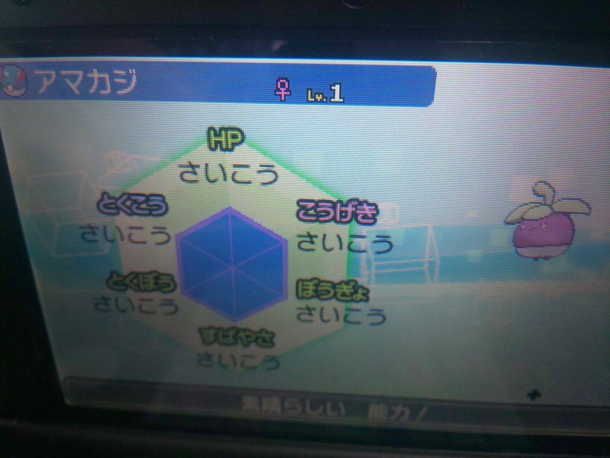 ジュアンののんびり日記 アマカジ色違い出た 6v 頭が紫が色違い 後はカリキリだけど 一応ある程度色違い出たらメテノ用に5v メタモン厳選したいなと思ってる 出来たらダイパリメイクとかでタイレーツやヤバチャ連れていけて 卵厳選きちんと出来ると