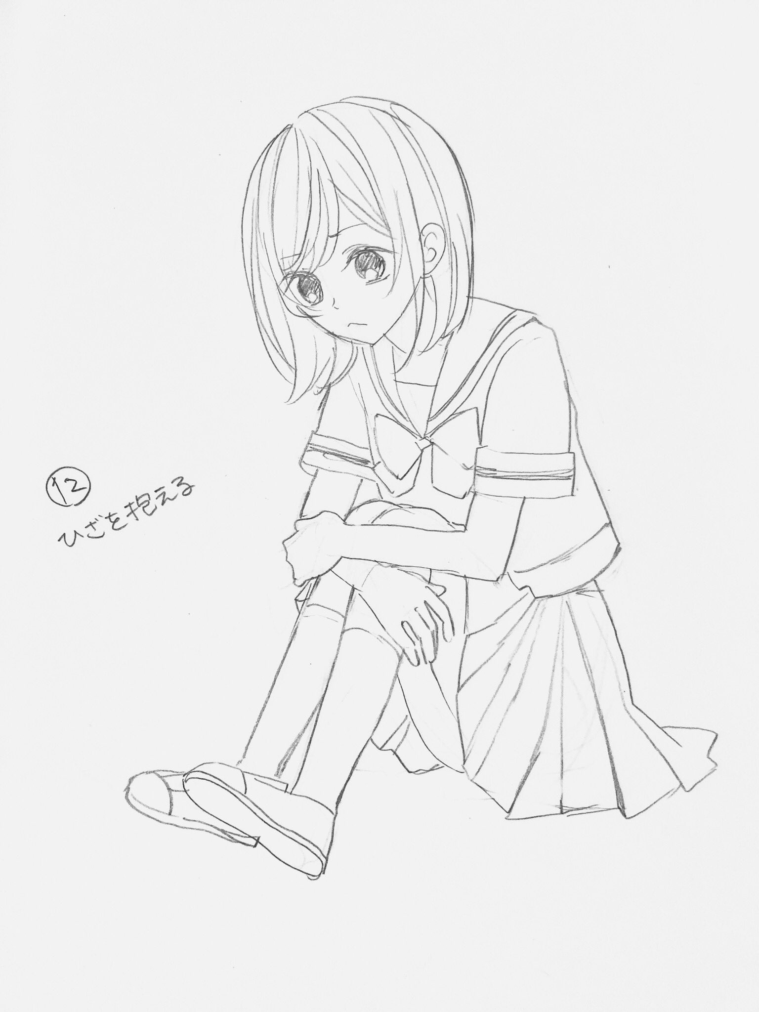 いずみ 漫画家志望 漫画の描き方 しゃがむ アタリをとるところから写真撮ったよ たくさん描き直してる スカートのシワって難しいよねえ 60のポーズでお題 イラスト T Co Qukc5y3bbn Twitter