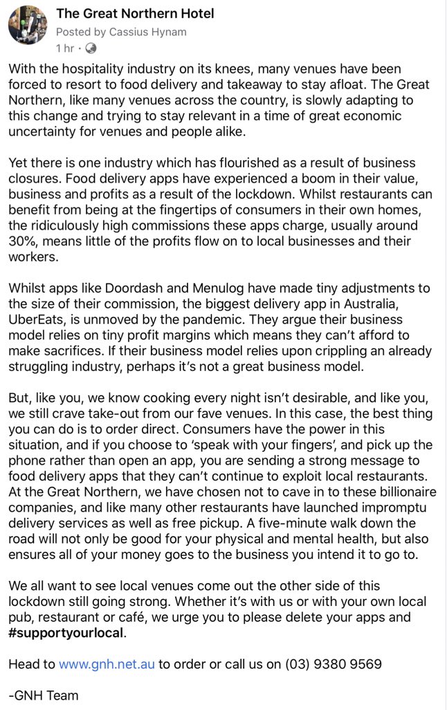 GNH_Carlton's tweet photo. Our recent post regarding food delivery apps and their exploitation at a time when so much of the industry is struggling 

#hospitality #coronavirus #ubereats #deliveroo #menulog #covid19 #auspol #pubs #beer #pubsmelbourne #restaurant #hospo #lockdown #corona #food #politics https://t.co/LDaFt7vtHy
