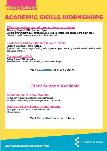 This week's academic skills support workshops are being delivered by the Skills for Success team via Zoom.
 
All workshops can be booked through CareerHub.