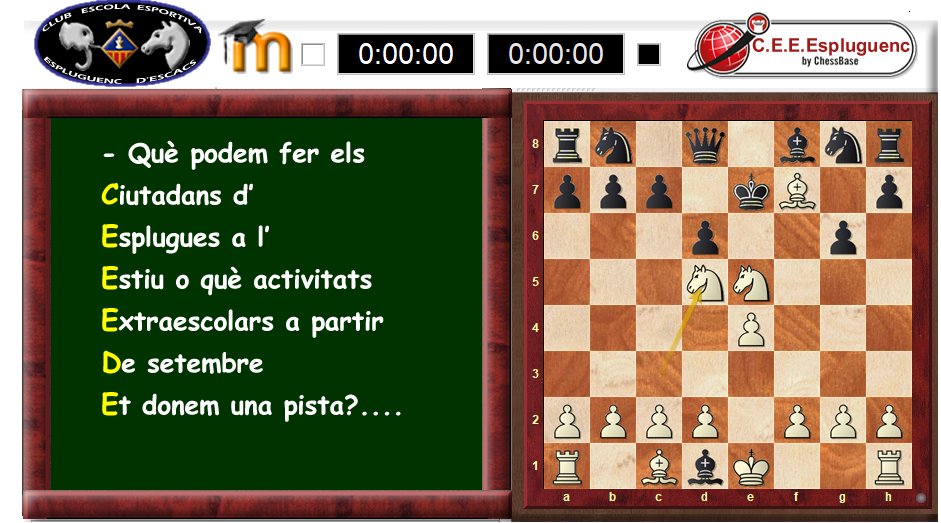 CEE_Espluguenc's tweet photo. Activitats esportives Pont 1 de Maig
♟️Escacs per a tothom
📗 Informació https://t.co/5C0td2KYCB
🖊️Inscripcions gratuïtes: https://t.co/1j4SjLRXEf @ajesplugues @espluguesenjoc @espluguesesport @chessbase_es @etvllobregat @AjedrezCornella @EscacsSjd #Esplugues #Espluescacs https://t.co/zPoc2IIykt