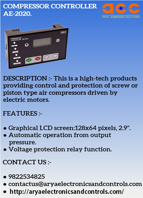 BhagwatGirija's tweet image. Arya Provide COMPRESSOR CONTROLLER AE-2020.
Contact Us: 9822534825
Website: bit.ly/3bNFTza
#Electronics #compressorcontroller #pune #india