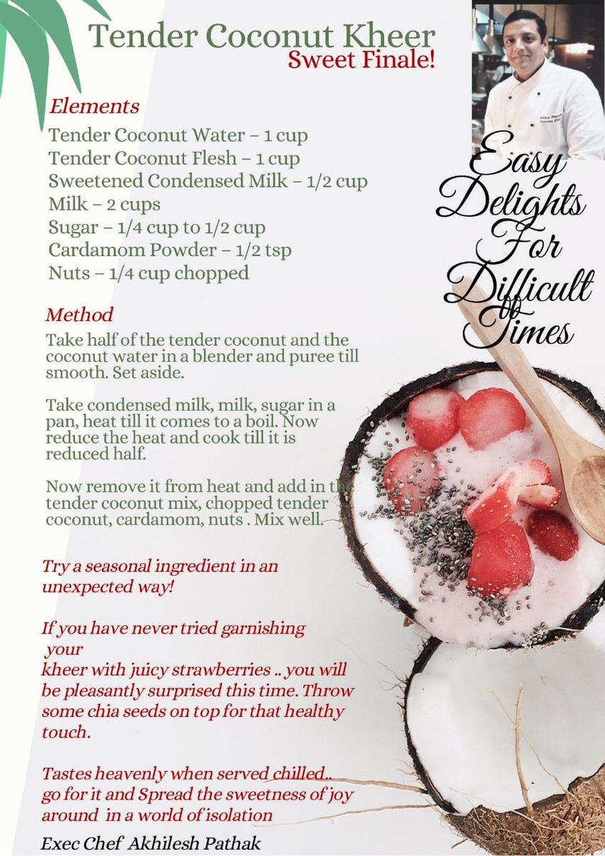 LCoimbatore's tweet photo. A simple but delicious #tendercoconut #dessert recipe for you to savor. Make with the simple ingredients available in your home and after you complete it post the pictures in the comments.
#LMC #LeMeridien #Coimbatore #Recipe #HomeCooking #Foodie #Homemade #FoodPhotography https://t.co/1Ps9D0c5z7
