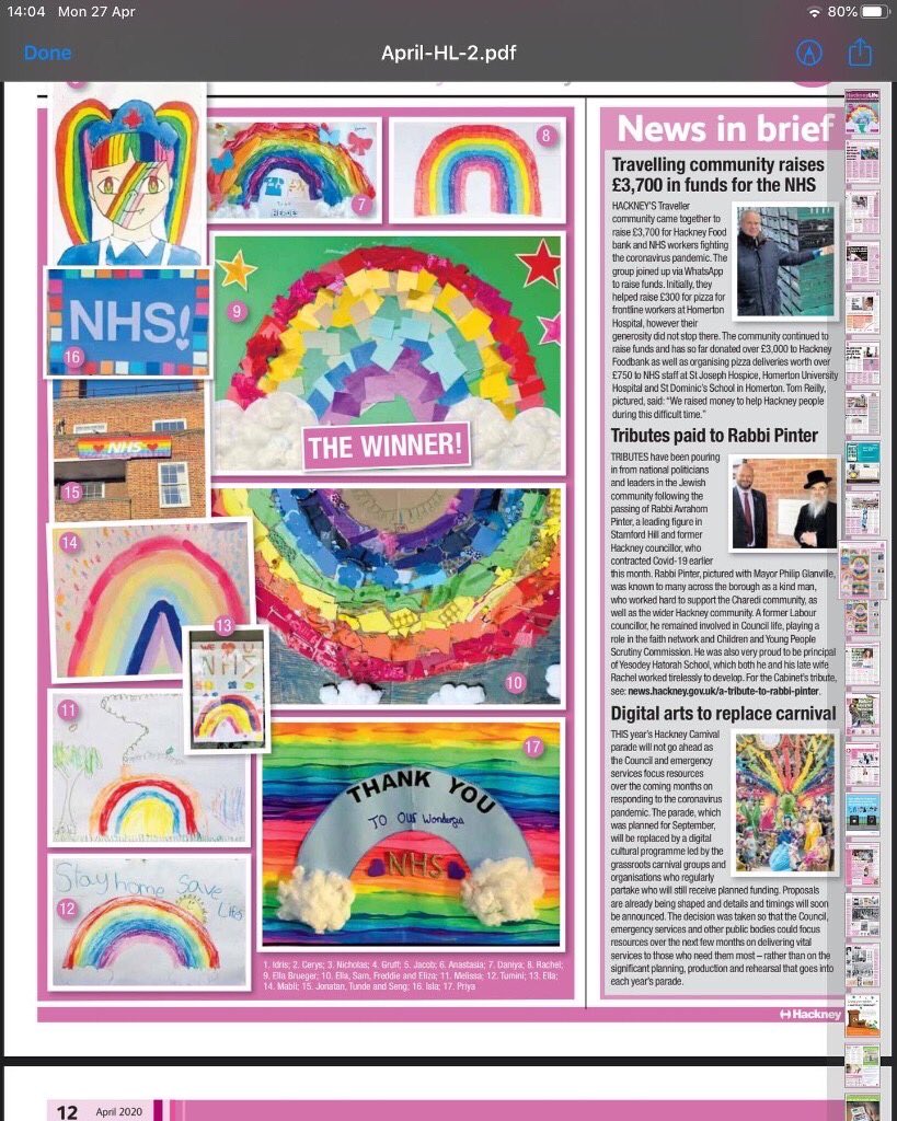 BenthalSchool's tweet image. Dixie-Rae made a lovely rainbow tribute to the NHS and Keyworkers. Her artwork featured in the Hackney Life newspaper. Well done Dixie-Rae!