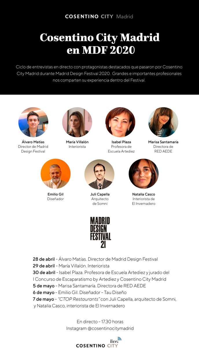 👋 Hoy, a las 17:30h, en directo 🔴 en la cuenta de Instagram de <a href="/GrupoCosentino/">Cosentino</a> (cosentinocitymadrid) entrevista con nuestro director <a href="/alvaromatias_/">Álvaro Matías</a> ¡No te la pierdas! #MDF20

Consulta, además, el resto de directos. ⬇