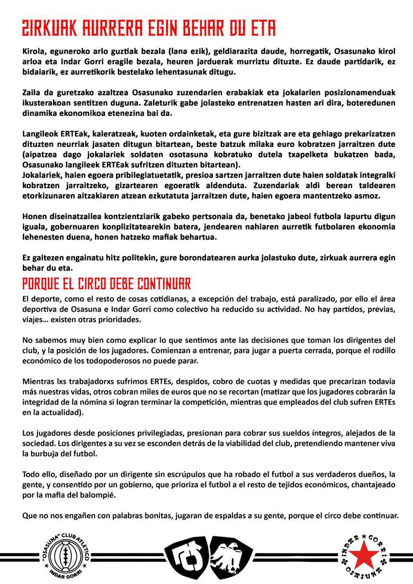 19IndarGorri87's tweet photo. [OHARRA]

Zirkuak aurrera egin behar du eta

[COMUNICADO]

Porque el circo debe continuar https://t.co/faQrY7JYcO