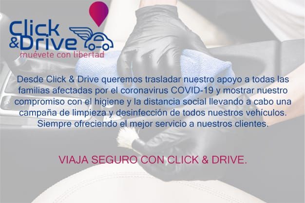 🚗VIAJA SEGURO CON CLICK&amp;DRIVE🚗
Desde CLICK&amp;DRIVE os trasladamos nuestro APOYO y mostramos un gran COMPROMISO con CAMPAÑA DE LIMPIEZA Y DESINFECCIÓN de vehículos.

Puedes contactar con nosotros:
Llamando 📞605 324 946 o 854 536 427
o mándanos un 📨email a info@clickdriveapp.es
