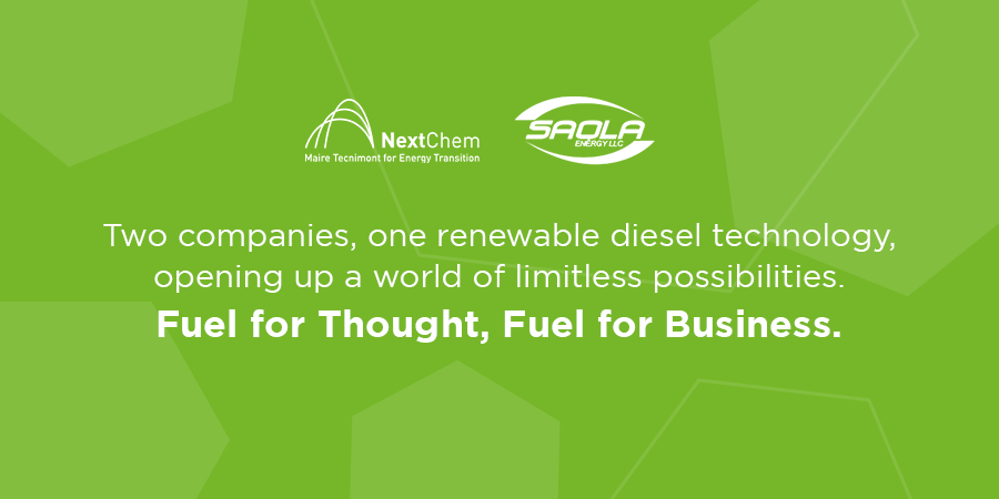 NextChem_MT's tweet photo. #NextChem and @SaolaEnergy have joined forces to offer a #RenewableDiesel #technology that can be scaled to the supply chains of our customers, allowing them to capture the full market value of their #feedstock. https://t.co/sKxUENLVbW

#FuelforThought #FuelforBusiness https://t.co/n29SGaxil6