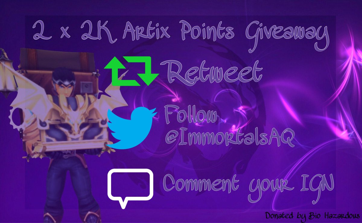 ImmortalsAQ's tweet photo. ❗️2x2k AP Giveaway❗️

Immortals will be hosting another AP giveaway. Special thanks to our Centurion, @Hazard3I5 for sponsoring this amazing giveaway!

Requirements:
1. Retweet
2. Must follow @ImmortalsAQ 
3. Comment IGN on this post.

Giveaway ends on May 10th. Good Luck https://t.co/KMR2xNrSbb