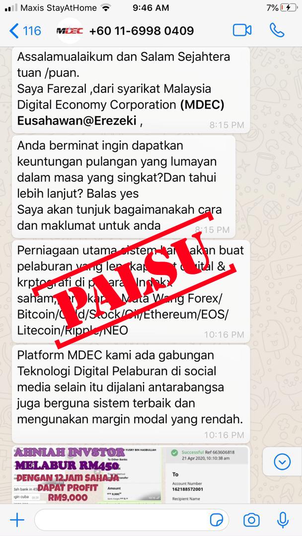Malaysia Digital Economy Corporation On Twitter We Have Been Notified By The Public Of Multiple Whatsapp And Social Media Messages From Unscrupulous Parties Offering Paid Investment Services And Or Program And Or Packages To