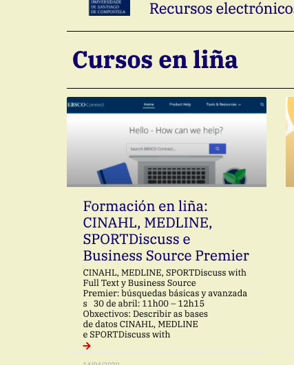 BUSCUSC's tweet photo. Todo o que vostede precisa saber de #CINAHL, #MEDLINE, #SPORTDiscuss e #BusinessSourcePremier nunha única sesión!
⏰Cando? O vindeiro día 30 de abril, de 11.00 a 12.15
🖱Onde? Pois en liña (qué remedio!)
👩🦰Quen? #PDI e #alumnado
📕Inscrición? Claro! Aquí👉https://t.co/5vafmrg3WU https://t.co/FodC05cOMN