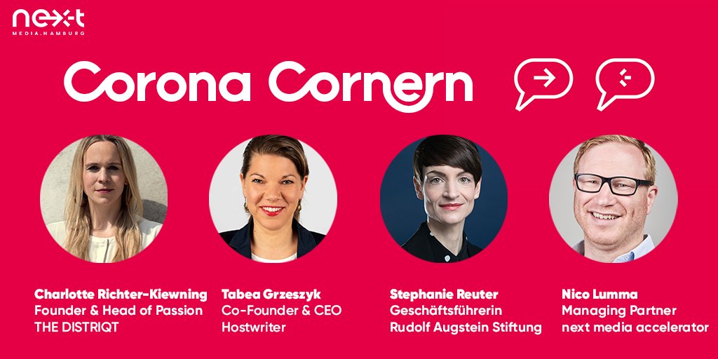 NextMediaHH's tweet photo. Am Donnerstag cornern wir wieder um 17 Uhr bei @one_hamburg. Dieses Mal mit Charlotte Richter-Kiewning (@TDistriqt), @tabeszyk, @steph_reuter und @Nico. Im Fokus: Unsere Fast Mover, die den Journalismus in schwierigen Zeiten stärken. Freut euch auf spannende Lösungsansätze! https://t.co/SZahS3hWOP