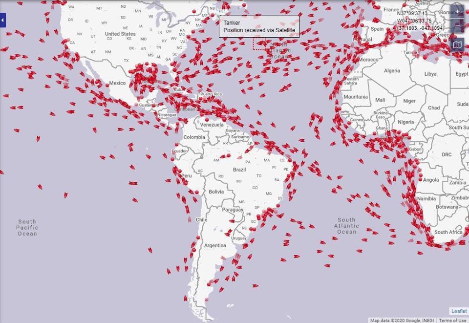 Red dots represent fully loaded oil tanker ships 'stranded' at sea due to no global demand for oil - approx cost per day per ship is $30,000/-.