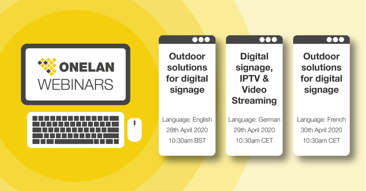 Join ONELAN in a series of webinars hosted alongside <a href="/datapathinc/">Datapath</a> and <a href="/PeerlessAVEU/">Peerless-AV EMEA</a> with discussions on outdoor solutions for digital signage, evaluation and planning of LED walls and more.
Find out more: onelan.com/webinars/
#Webinars #DigitalSignage #Information #AVTweeps