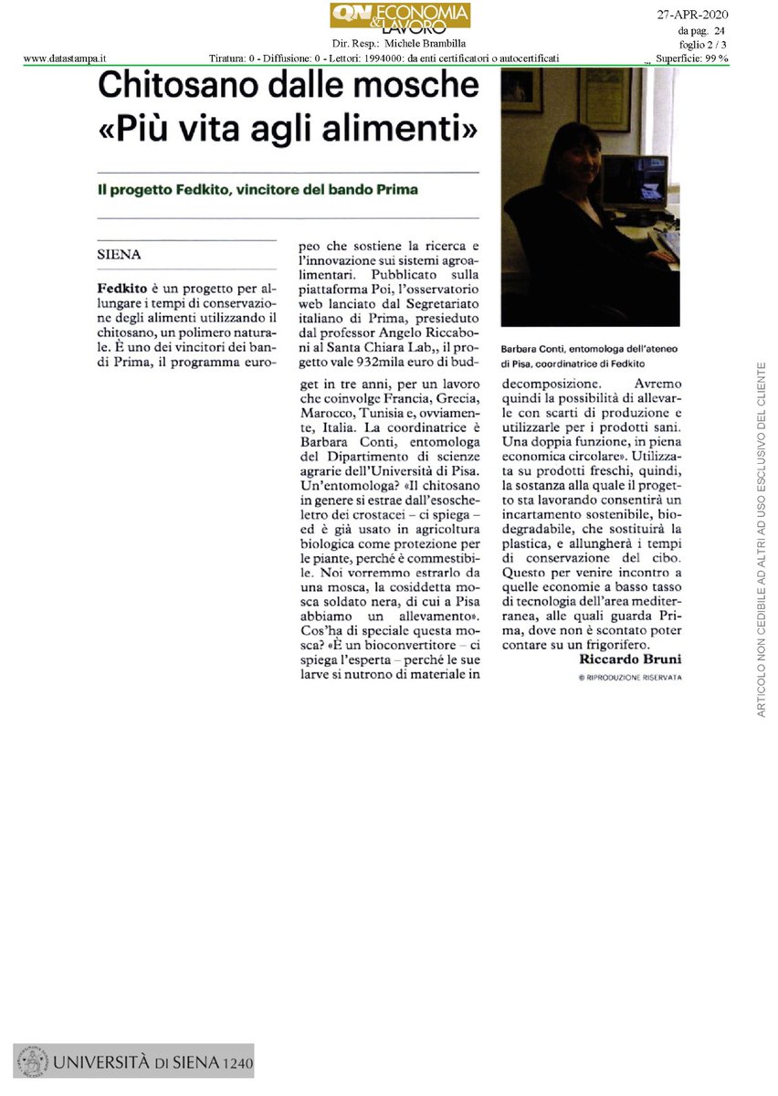 primaitaly's tweet photo. 👉@qn_lanazione parla di #FEDKITO,vincitore bandi @PRIMAInnovation 2019: sviluppa un sistema che allunga la conservazione di alimenti utilizzando chitosano dalle mosche. 
 🇮🇹 capofila @Unipisa #BarbaraConti, con🇫🇷🇬🇷🇲🇦🇲🇦🇹🇳 
Info su #POI🔎 https://t.co/QaUR6udPqa
#seedsofinnovation https://t.co/dT4QhrLR8f