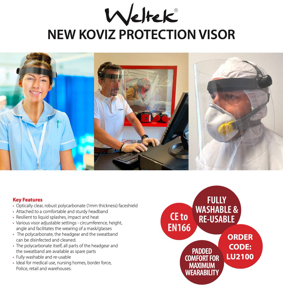 wilkinsonstaruk's tweet photo. New Koviz Clear Protection Visor - Made In France - CE to EN166 - Padded comfort for maximum wearability- Fully washable - Available from all Weltek UK Stockists. #ppeshortage #covid19 https://t.co/9SqQeY5QHo