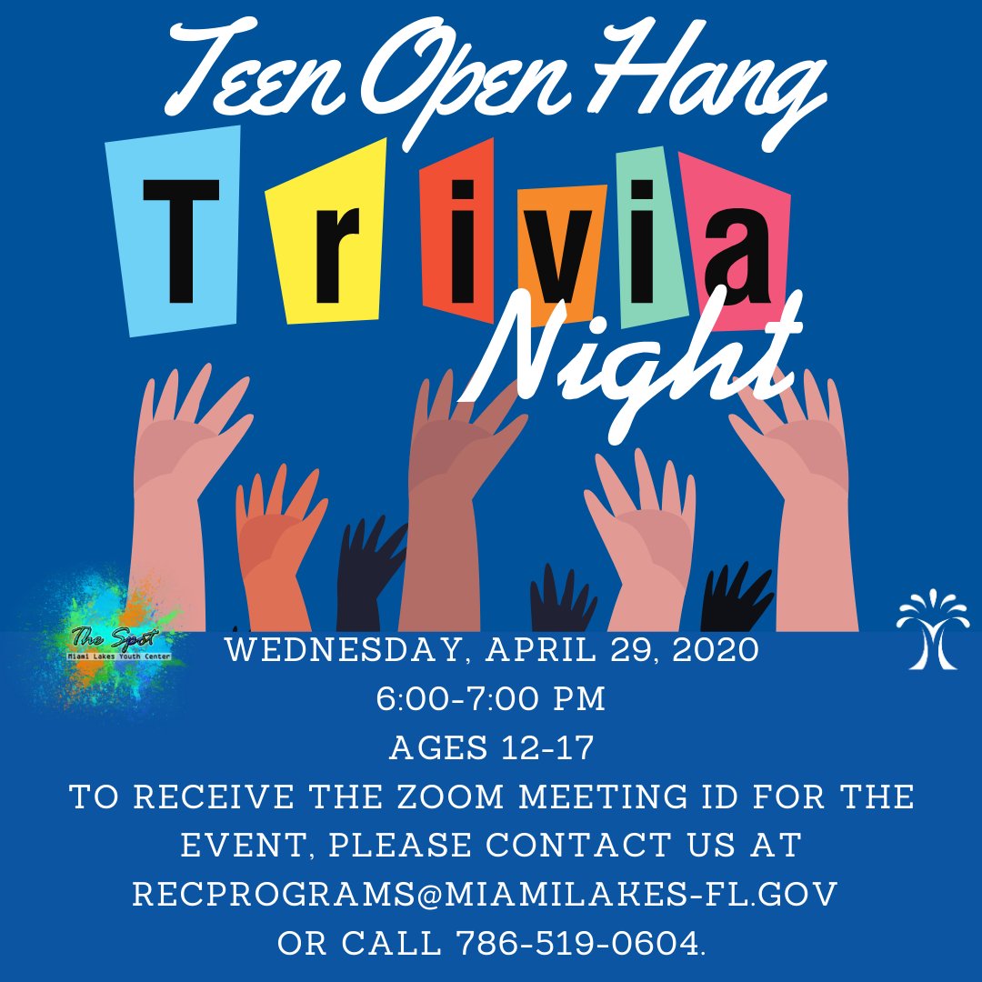 MiamiLakesNews's tweet photo. Calling all Teens! Bored at home? π Join the Spotβs first Virtual Open Hang. This hang we will be playing gameshow style online on Zoom. For the Meeting ID, please contact recprograms@miamilakes-fl.gov or call 786-519-0604.π#TOMLParksAndRec #IHeartMiamiLakes #GrowingBeautifully https://t.co/pEu5iIMDgq