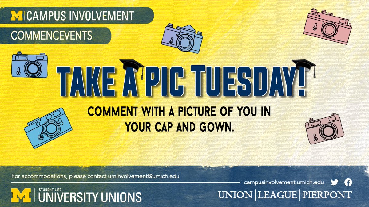 UMInvolvement's tweet photo. Today is Take a Pic Tuesday! Reply to this post with a picture of you in your cap and gown or your favorite UM gear. If you comment today, you'll be entered to win a $25 Best Buy gift card! You'll also be entered into the week-long raffle for the grand prize $50 MDen gift card. https://t.co/FA26EhRB1i