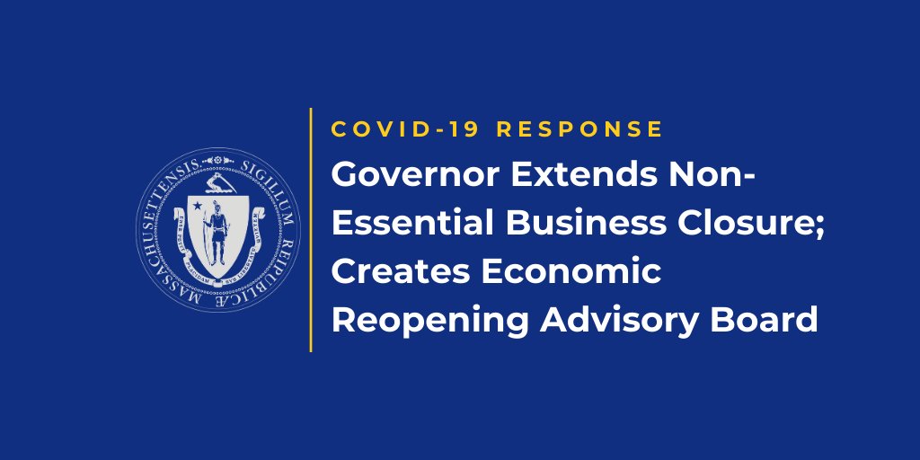 MAGovArchive's tweet photo. Today, we're sustaining measures to fight #COVID19MA:

➡️Extending limit on gatherings and closure of non-essential businesses until May 18

➡️Stay-At-Home Advisory remains in effect

➡️Launching Economic Reopening Advisory Board to help us plan for a safe + responsible reopening https://t.co/7YjUBIyPQU