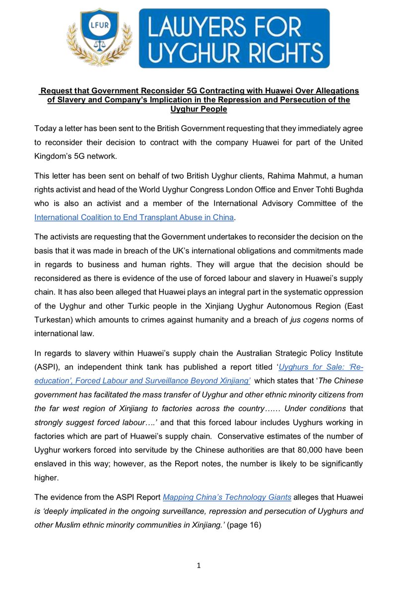 World Uyghur Congress (@uyghurcongress) on Twitter photo Lawyers for Uyghur Rights and Uyghur activists <a href="/MahmutRahima/">Rahima Mahmut</a> & <a href="/tengriwolf/">安华托帝 Enver Tohti</a> have written to <a href="/GOVUK/">GOV.UK</a>
to reconsider its 5G deal with <a href="/Huawei/">Huawei</a>, over allegations of forced labour.
The WUC supports this initiative and hopes the <a href="/GOVUK/">GOV.UK</a> will take into account the persecution of #Uyghurs. Lawyers for Uyghur Rights and Uyghur activists <a href="/MahmutRahima/">Rahima Mahmut</a> & <a href="/tengriwolf/">安华托帝 Enver Tohti</a> have written to <a href="/GOVUK/">GOV.UK</a>
to reconsider its 5G deal with <a href="/Huawei/">Huawei</a>, over allegations of forced labour.
The WUC supports this initiative and hopes the <a href="/GOVUK/">GOV.UK</a> will take into account the persecution of #Uyghurs.