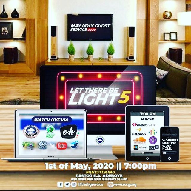 PastorEAAdeboye's tweet image. Hallelujah! Another @TheHGService is here. We encourage you to join us from your homes. 
Theme: Let There Be Light 5 
Date: 1st May, 2020 
Time: 7pm 

Watch from Live on DoveTV, YouTube and other streaming platforms. 
#LetThereBeLight5