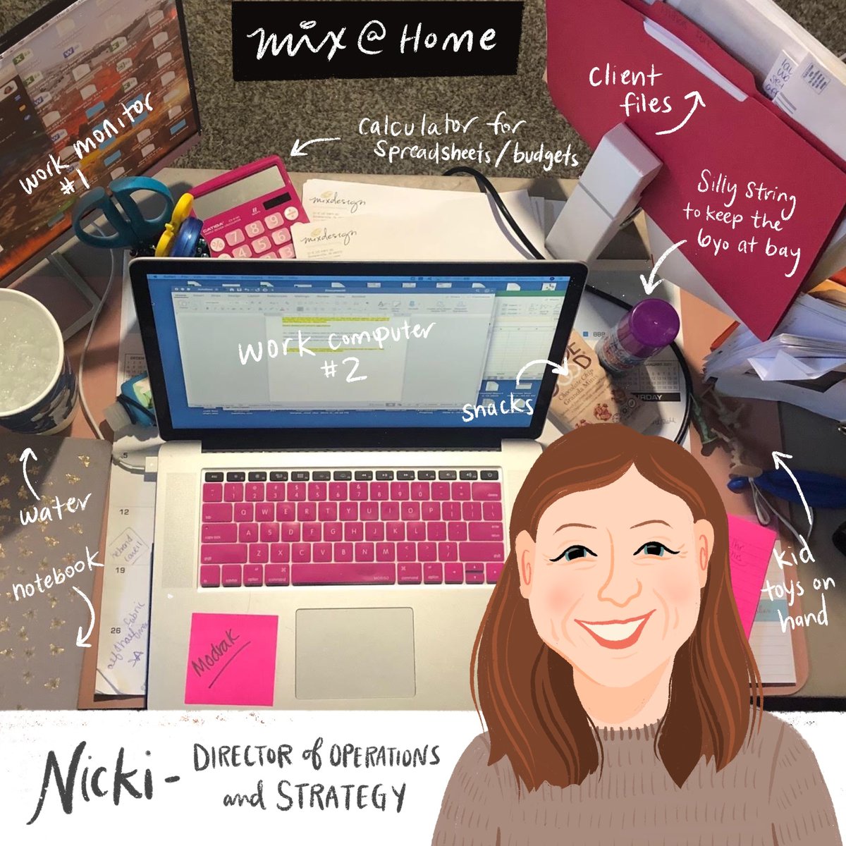 mixdesigninc's tweet photo. Next up in our #MixAtHome series is Nicki, Director of Operations and Strategy! She's got client files and calculator handy to keep mix on task and budget, all while having silly string at the ready to keep 6 year olds at bay! #mixdesign #brandtastic #bringittolifefromhome https://t.co/C8KUeSX9Ck