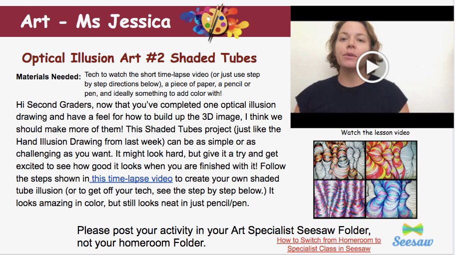 msjessicaart's tweet image. The Second Grade Art Lessons from our HLP have been going great! If you missed one, go back and give it a try and post it on Seesaw to receive a voice memo of feedback! #SecondGradeArt #cisinspires